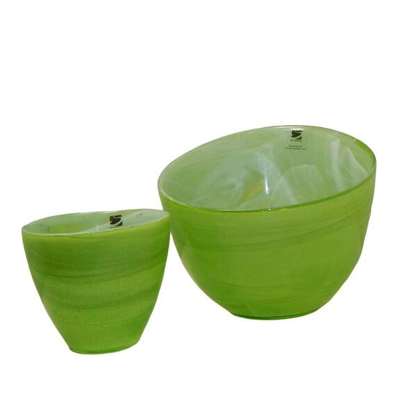 Set of 2 EUC Vintage Green Sea Glasbruk Swedish Asymmetric Art Glass Bowl - Picture 2 of 13